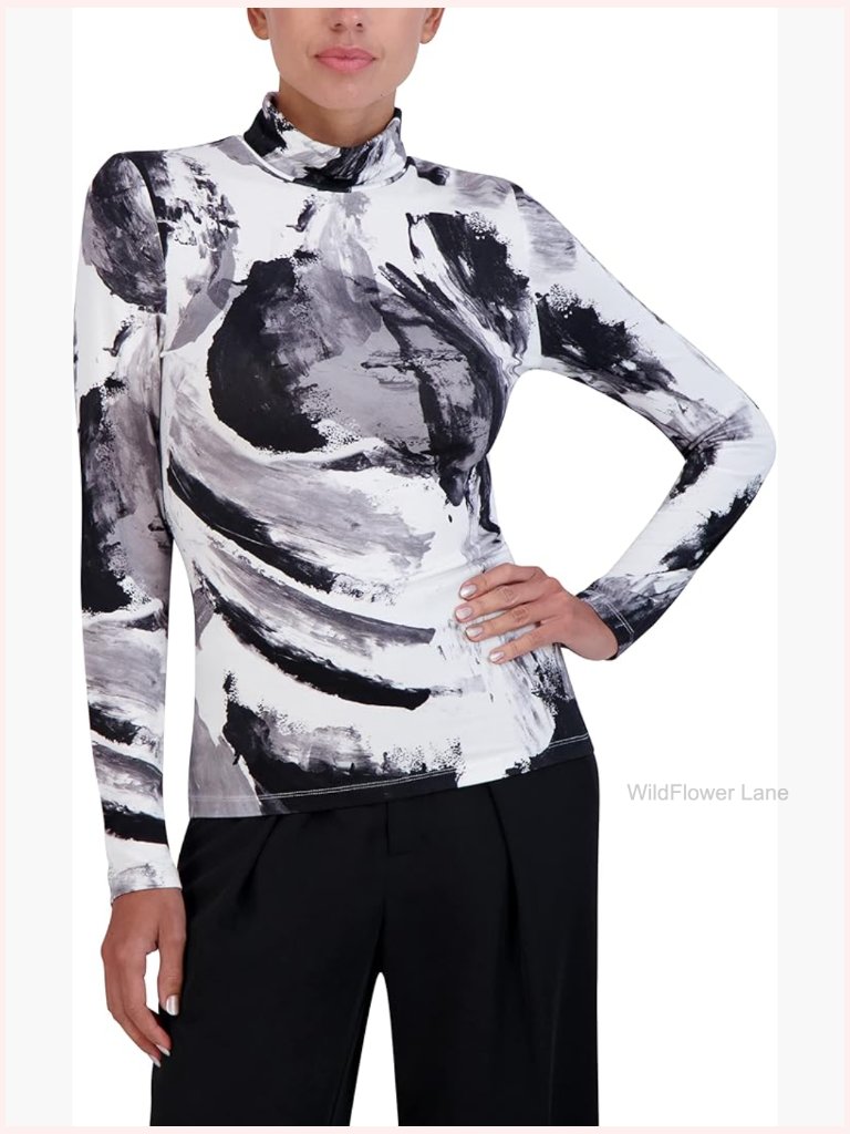 Fitted Long Sleeve Turtleneck Top - Stretchy Lightweight